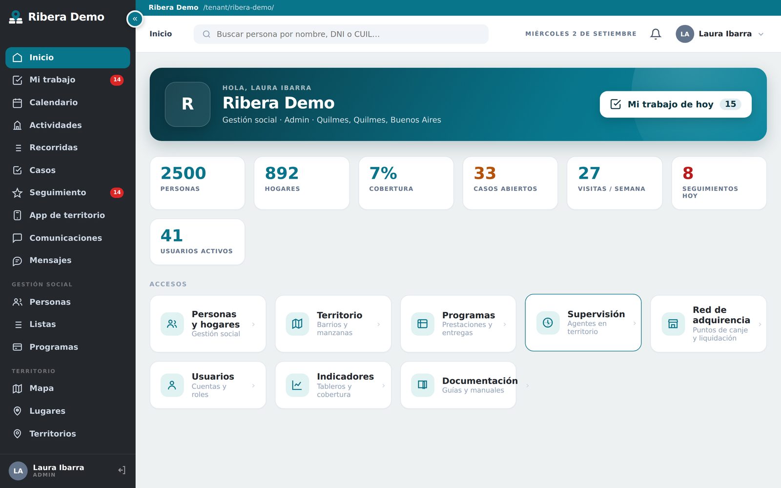 Pantalla de inicio de Pirca: personas y hogares relevados, cobertura del territorio, casos abiertos y seguimientos del día